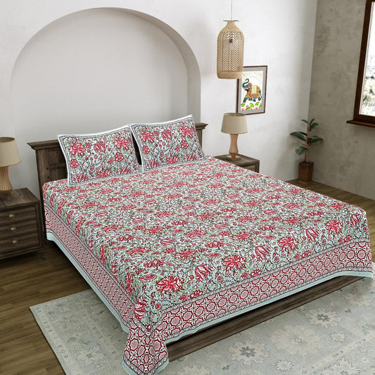 Elegant Red Floral Double Bedsheet – Pure Cotton | With 2 Pillow Covers