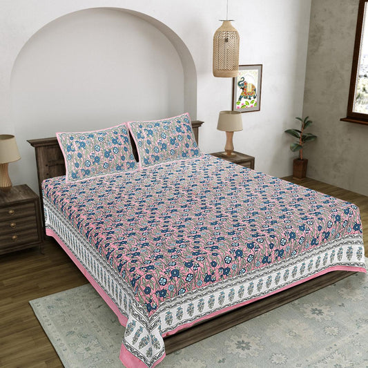 Premium Floral Screen Printed Double Bedsheet – Soft Cotton | With 2 Pillow Covers