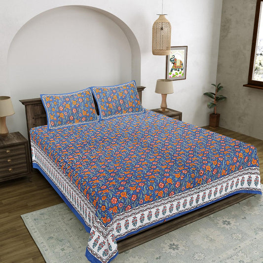 Vibrant Blue Floral Screen Printed Double Bedsheet – 100% Cotton | With 2 Pillow Covers
