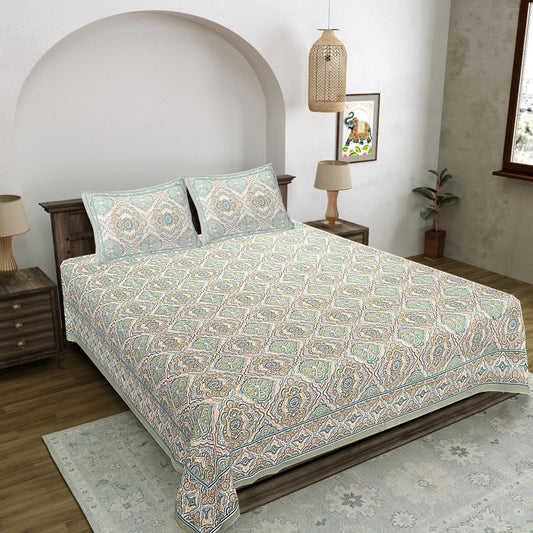 Elegant Pastel Geometric Screen Printed Double Bedsheet – Pure Cotton | 2 Pillow Covers Included