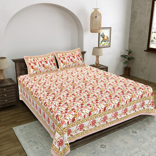 Bagru Inspired Bedsheet – Screen Print Double Bed Set with Pillow Covers