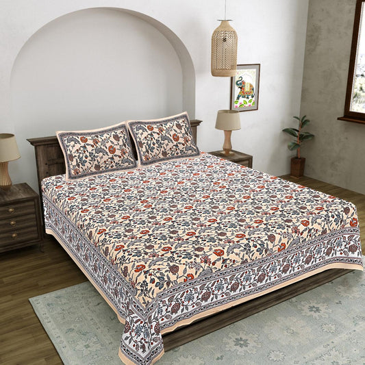 Stylish Bagru Printed Cotton Bedsheet – Screen Printed with 2 Pillow Covers