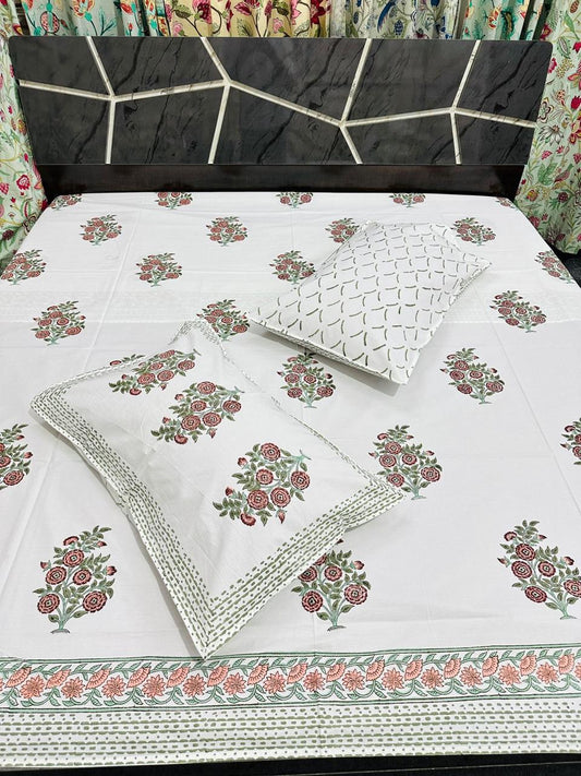 Fine Count Cotton Handblock Printed Double Bedsheet with Pillow Covers – Floral Motif on White Base