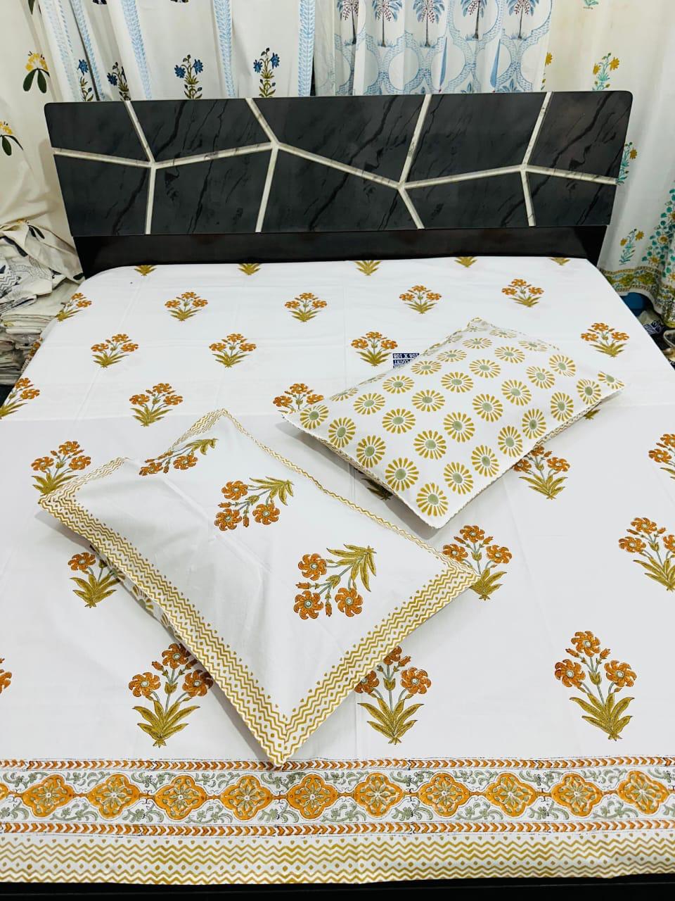 Handblock Printed Cotton Bedsheet – Fine Count Fabric with Mustard Floral Design (Double Bed, 2 Pillow Covers)