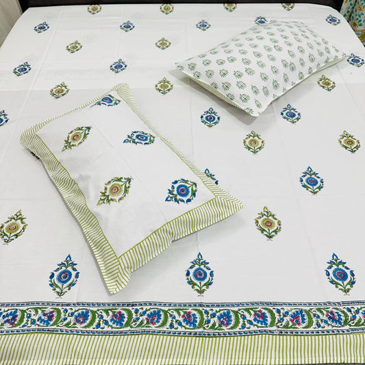 Premium Handblock Printed Bedsheet with Pillow Covers – Leaf Design (Soft Cotton)