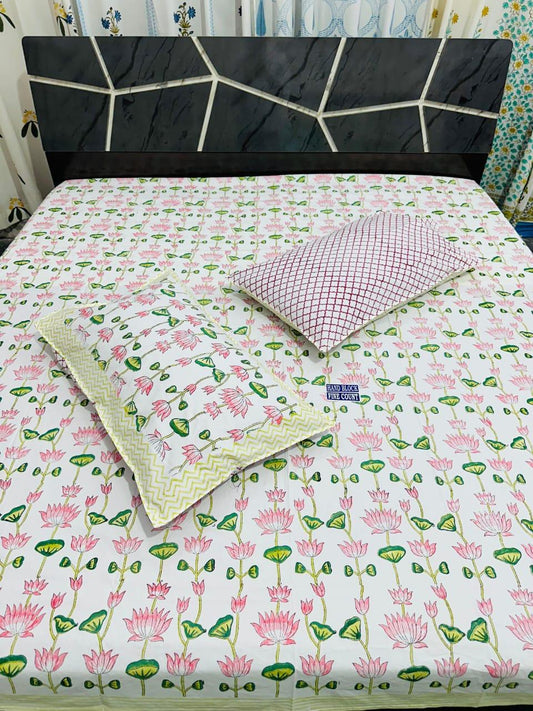 Indian Cotton Bedsheet – Fine Count Pink Block Print with Matching Covers