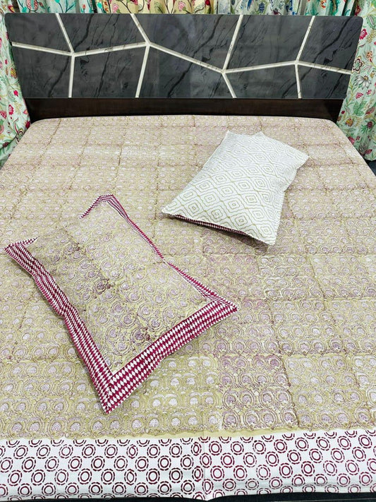 Soft Fine Count Bedsheet – Traditional Handblock Design in Pink & White