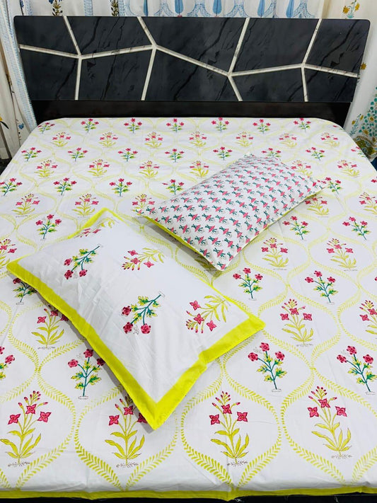 Handcrafted Cotton Bedsheet – Pink Leaves & Flowers Design (Soft Weave)