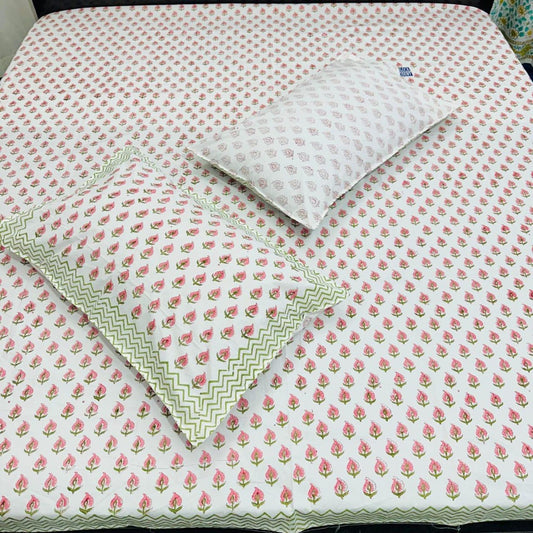 Handblock Printed Cotton Bedsheet – Pink Floral Buta with Green Zigzag Border