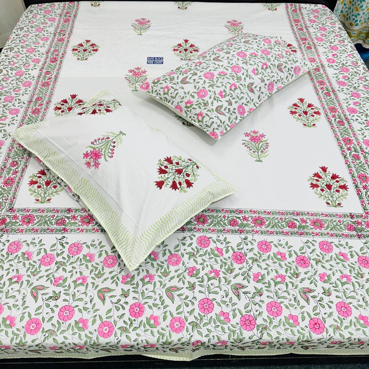 Premium Cotton Bedsheet – Fine Count Handblock Print in Pastel Pink & Green