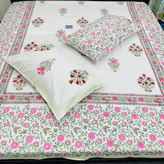 Premium Cotton Bedsheet – Fine Count Handblock Print in Pastel Pink & Green