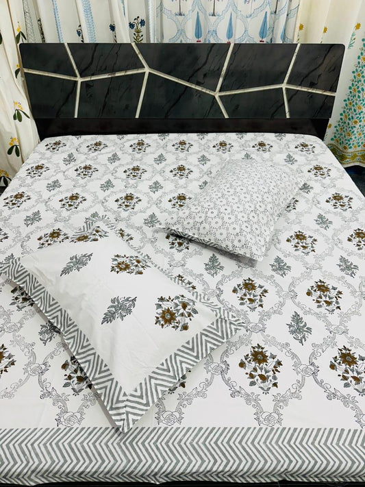 Traditional Rajasthani Bedsheet – Floral Block Print on Soft White Cotton