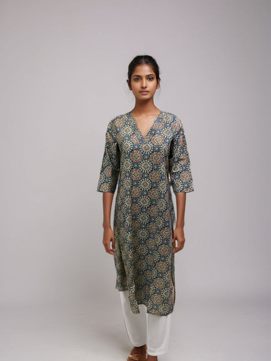 Elegant Handblock Printed Cotton Kurta for Women – Indigo Mandala Pattern | Ethnic V-Neck Kurti