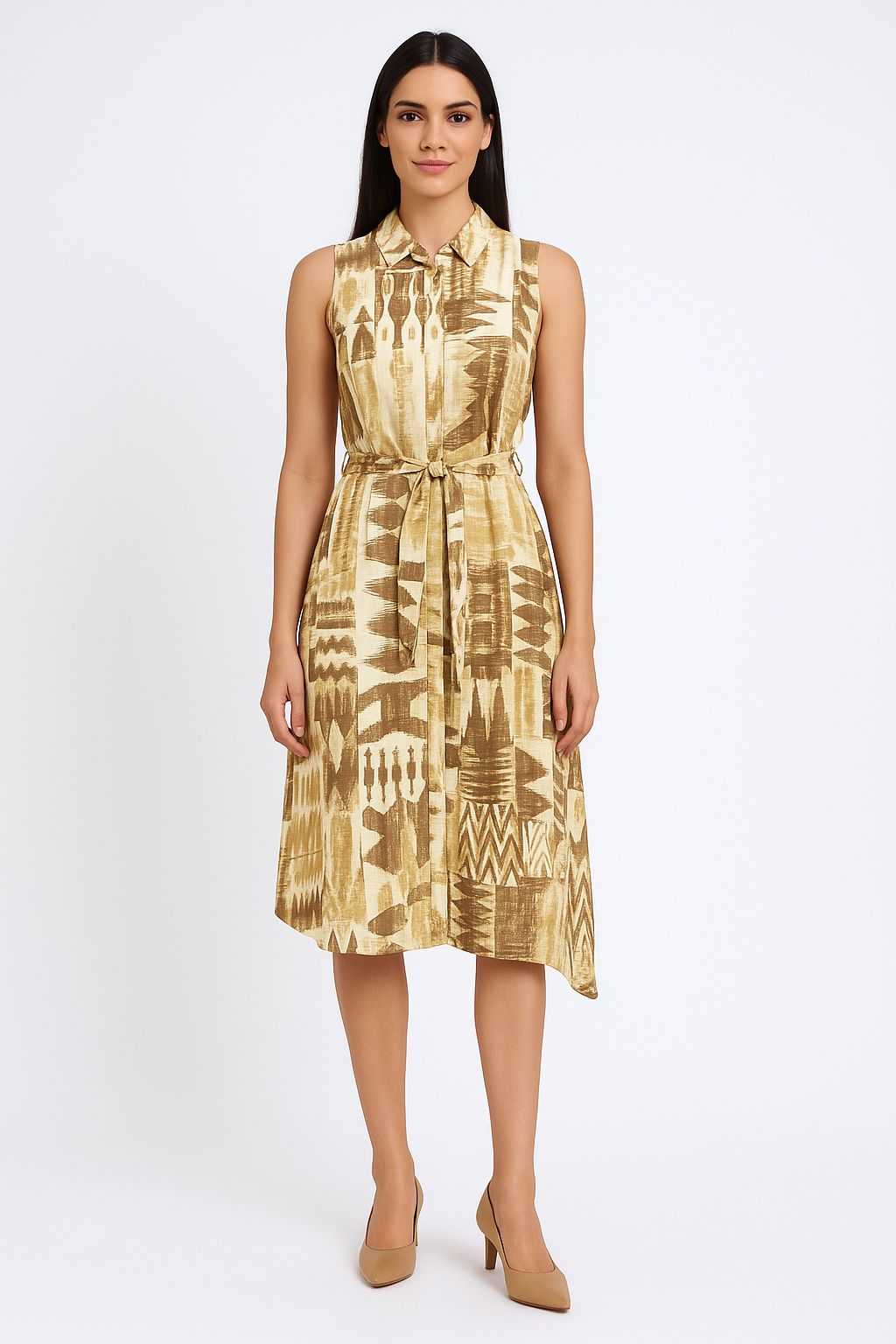 Golden Tribal Print Sleeveless Shirt Dress with Belted Waist