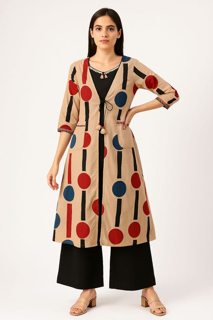 Trendy 3-Piece Palazzo Set for Women – Sleeveless Black Kurta, Wide-Leg Pant & Beige Long Printed Jacket