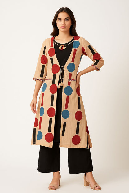 Trendy 3-Piece Palazzo Set for Women – Sleeveless Black Kurta, Wide-Leg Pant & Beige Long Printed Jacket