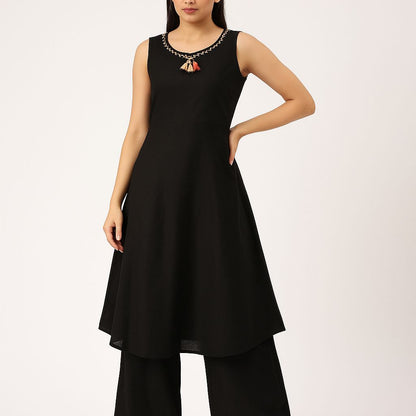 Trendy 3-Piece Palazzo Set for Women – Sleeveless Black Kurta, Wide-Leg Pant & Beige Long Printed Jacket