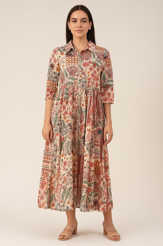Floral Print Cotton Midi Shirt Dress for Women – Front Pleated Button Down Dress with 3/4 Sleeves