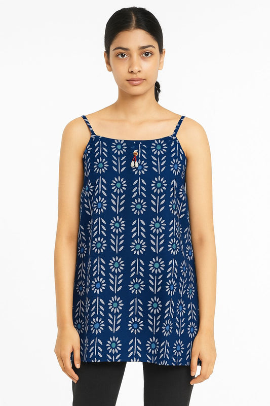 Blue Cotton Sleeveless Kurti for Women – Floral Hand Block Print Summer Short Tunic Top