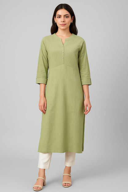 Women's Light Green Cotton Kurti – Solid Straight Fit Kurta with Pintuck Yoke Design