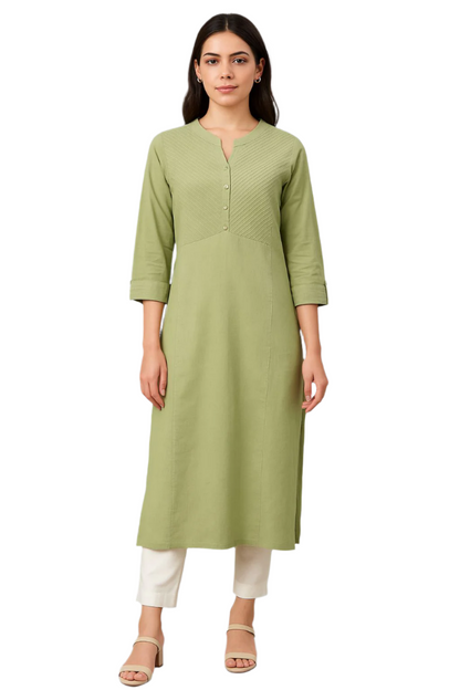 Women's Light Green Cotton Kurti – Solid Straight Fit Kurta with Pintuck Yoke Design
