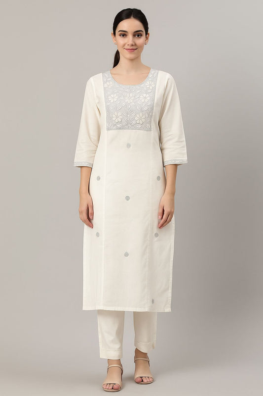 Cotton Kurti Set with Floral Embroidered Yoke & Subtle Detailing