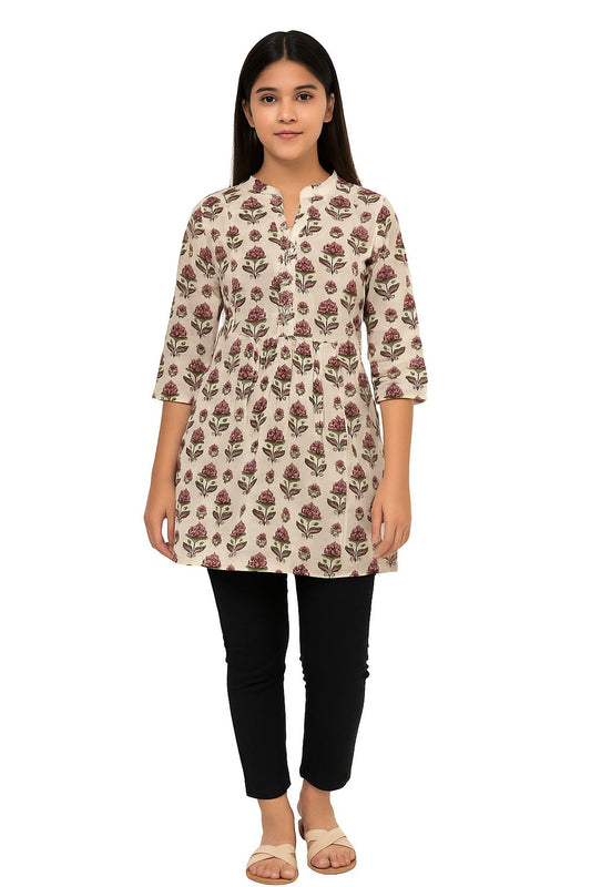 Floral Hand Block Printed Cotton Short Kurti for Women – Natural Cream Tunic Top