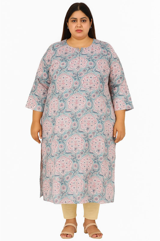 Plus Size Cotton Straight Kurta for Women | Elegant Floral Printed Kurti for Daily & Office Wear