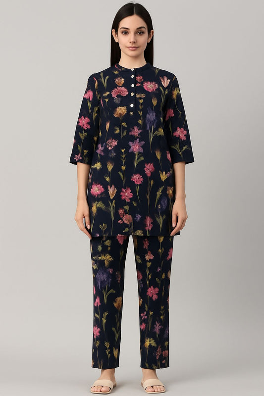 Navy Blue Floral Printed Co-ord Set for Women – Stylish Summer Coord with Mandarin Collar & Straight Pants
