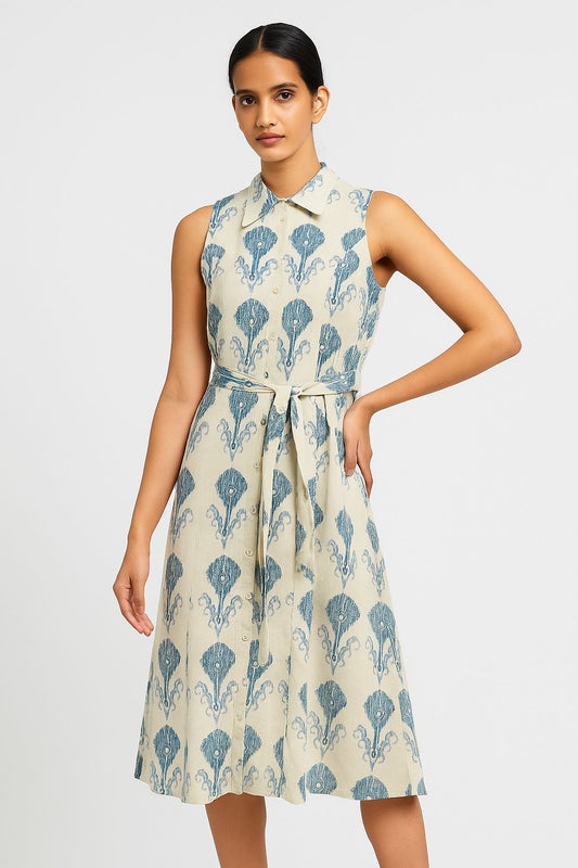 Handblock Printed Sleeveless Cotton Shirt Dress with Belt – Natural Beige & Indigo Blue