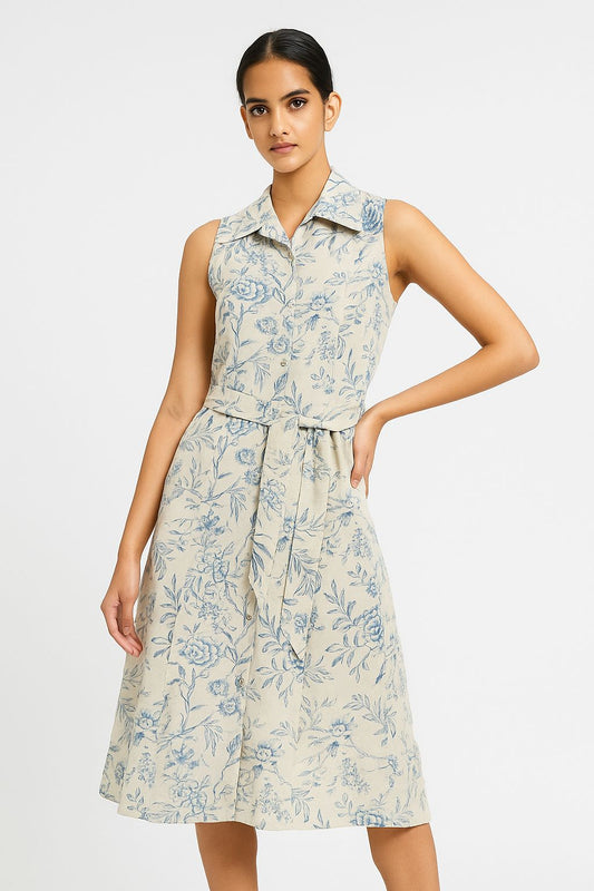 Floral Printed Sleeveless Cotton Shirt Dress with Belt – Beige & Blue A-Line Summer Dress**