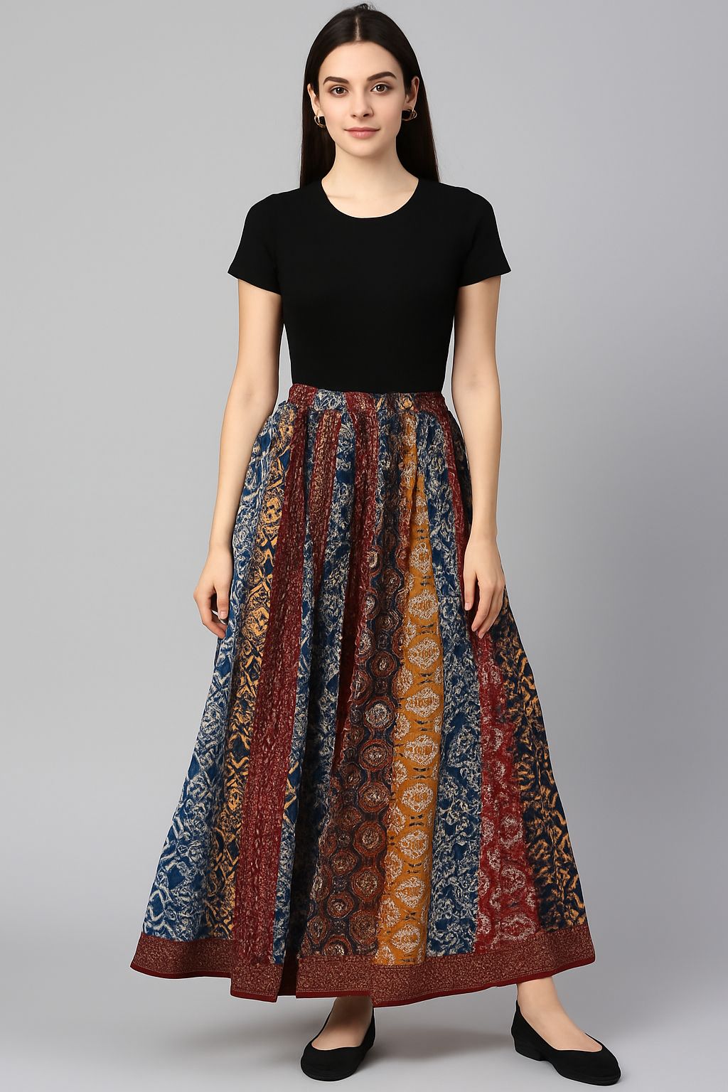 Multicolor Ethnic Block Print Cotton Maxi Skirt for Women – Flared Boho Style with Border**