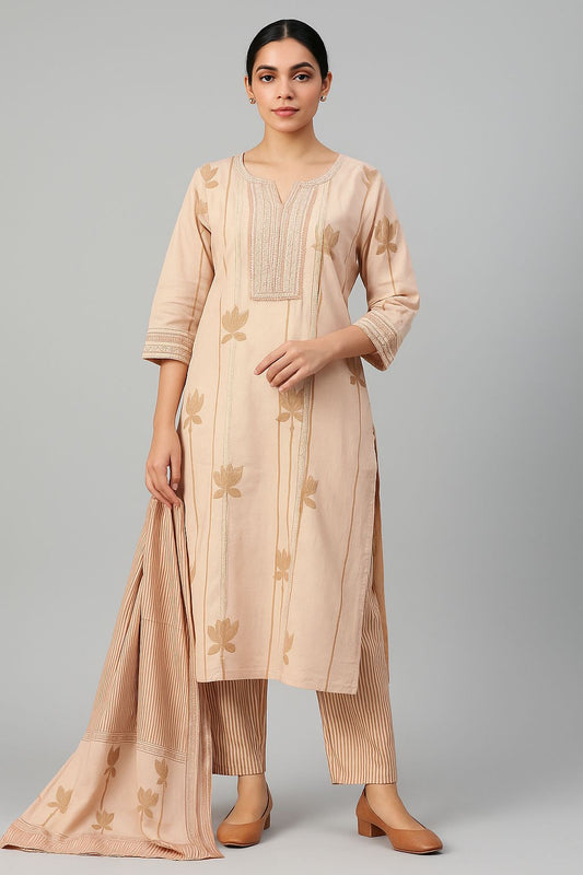 Elegant Beige Cotton Kurti Set with Lotus Print and Striped Dupatta – 3 Piece Ethnic Set for Women