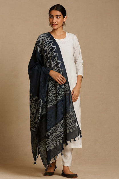 Indigo Blue Handblock Printed Cotton Dupatta with Tassels – Ethnic Wrap for Women