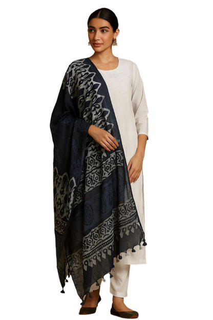 Indigo Blue Handblock Printed Cotton Dupatta with Tassels – Ethnic Wrap for Women