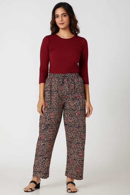 Handblock Kalamkari Cotton Plazo Pants for Women – Ethnic Floral Print, Comfortable Fit