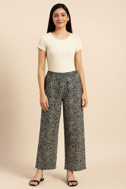Kalamkari Cotton Plazo Pants for Women – Navy Beige Handblock Printed Ethnic Bottoms