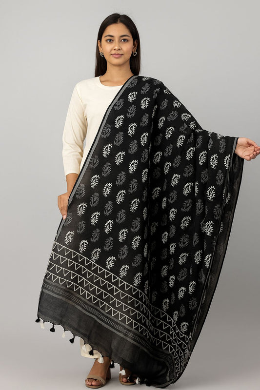 Black Handblock Cotton Dupatta for Women – White Tribal Motif Print with Tassels