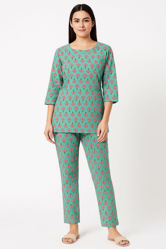 Women's Green Cotton Printed Co-ord Set with Floral Handblock Motif – Stylish & Comfortable Loungewear