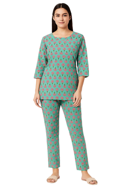 Women's Green Cotton Printed Co-ord Set with Floral Handblock Motif – Stylish & Comfortable Loungewear