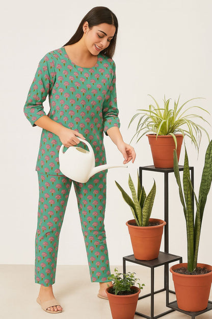Women's Green Cotton Printed Co-ord Set with Floral Handblock Motif – Stylish & Comfortable Loungewear