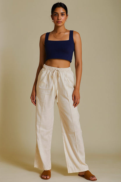 Women’s Beige Cotton Flared Palazzo Pants with Drawstring – Lightweight Summer Bottoms