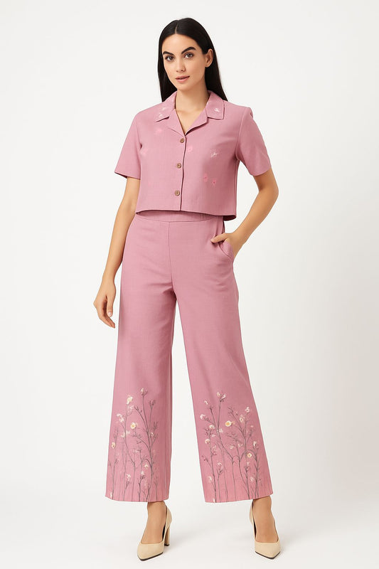 Dusty Rose Pure Cotton Co-ord Set with Floral Embroidery