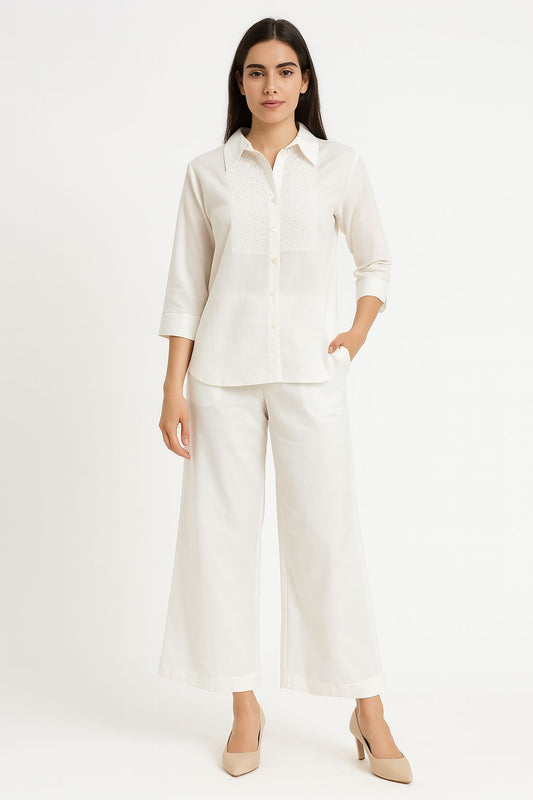 Elegant Off-White Pure Cotton Co-ord Set with Embroidered Shirt