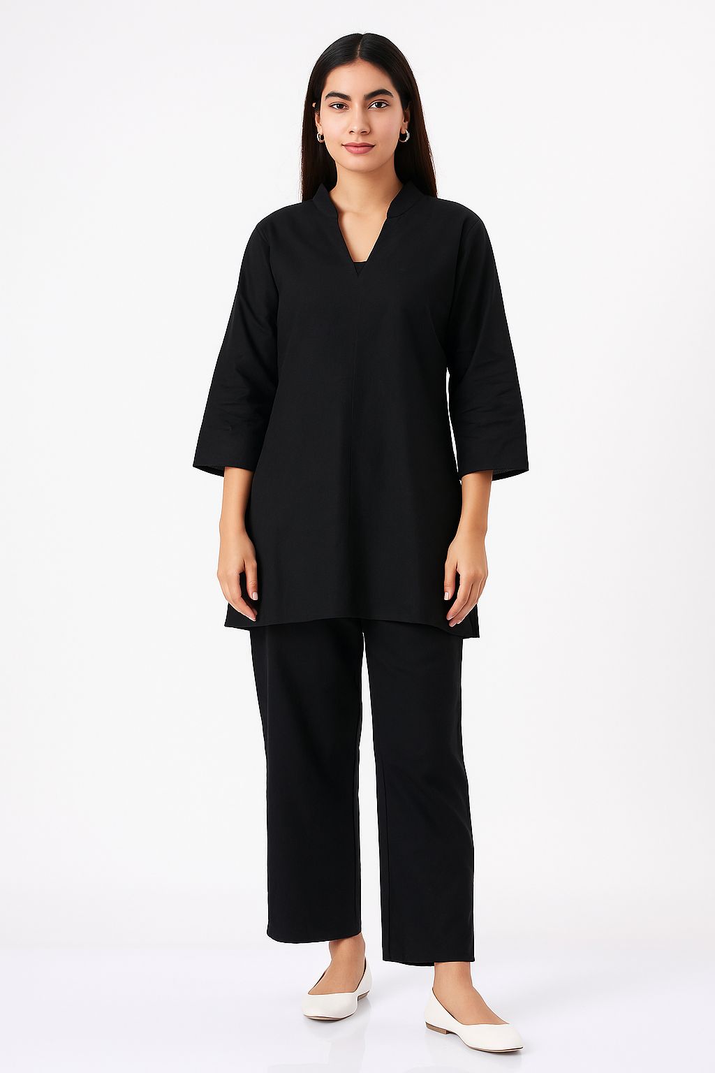 Classic Black Pure Cotton Co-ord Set with V-Neck Kurta and Straight Pants