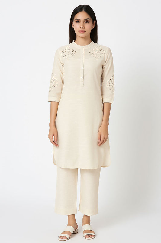 Off-White Cotton Co-ord Set with Schiffli Embroidery