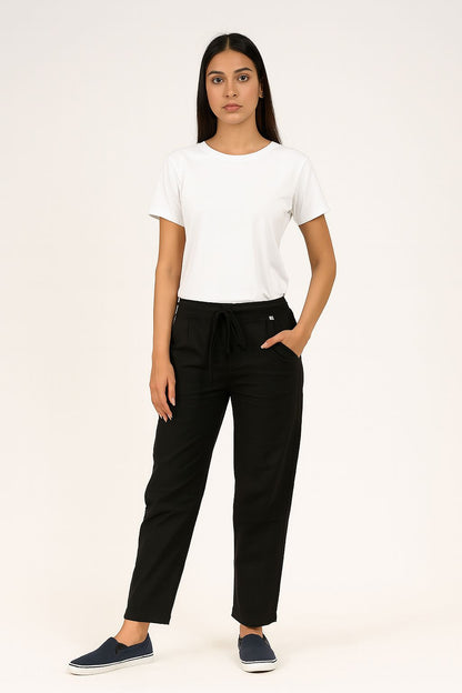 Women's Black Cotton Straight Pants with Pockets | Casual Drawstring Trousers | Natural Fab