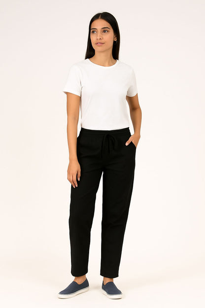 Women's Black Cotton Straight Pants with Pockets | Casual Drawstring Trousers | Natural Fab
