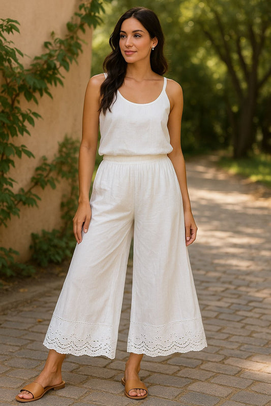 Women's White Cotton Divider Palazzo Pants with Embroidered Hem | Summer Flowy Culottes