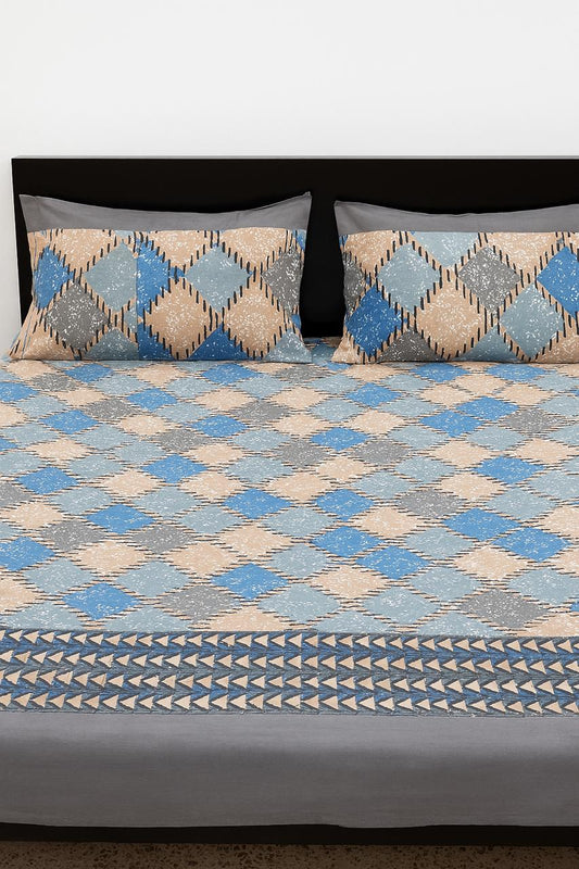 Premium Cotton Double Bedsheet with Pillow Covers – Geometric Blue & Beige Print